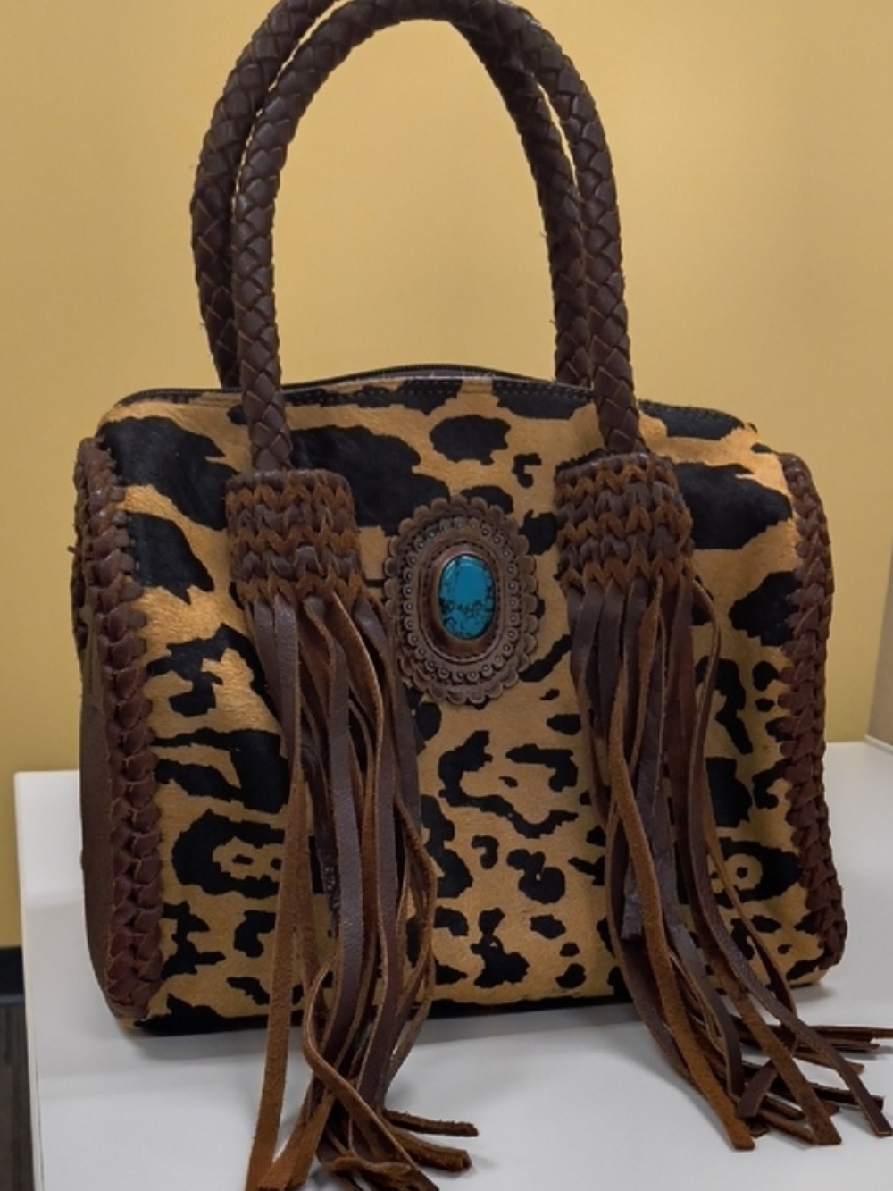 Cowhide Leopard Print Fringe Satchel Bag with Turquoise Accent - Brown/Black